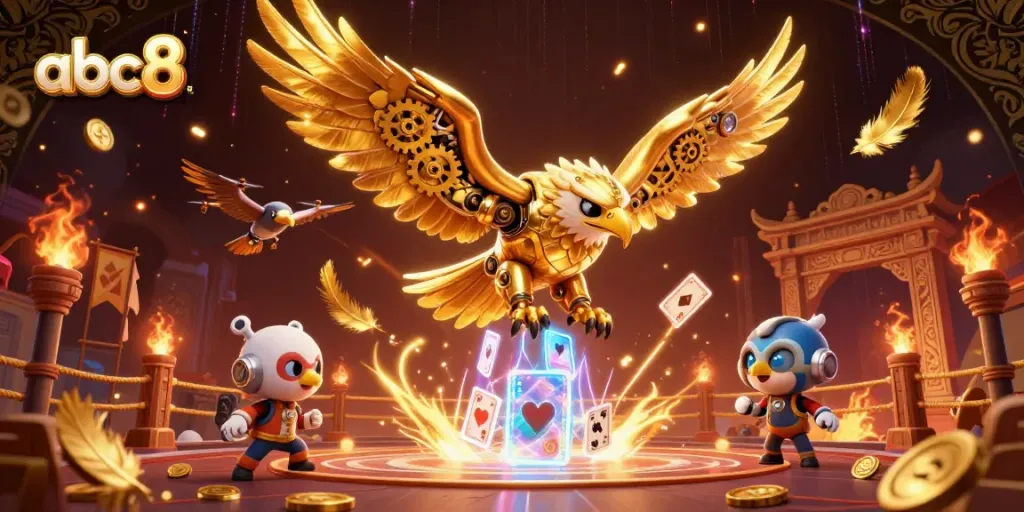 Experience thrilling gameplay at abc8 with a cybernetic eagle soaring through holographic cards.