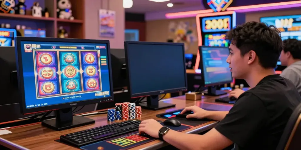 Player engaging with slot gacor games in a vibrant online casino setting, showcasing the thrill of easy wins.