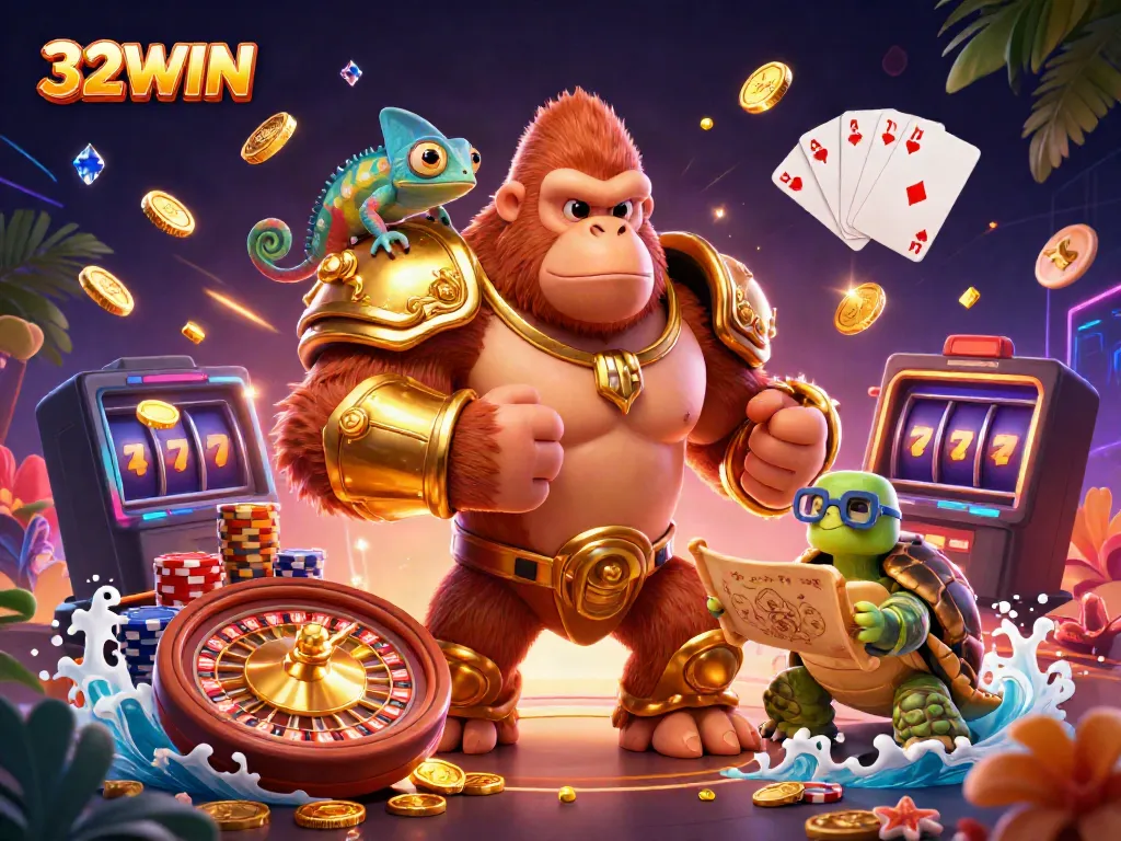 Experience thrilling gameplay with 32WIN, featuring a gorilla king, chameleon, and tortoise in a vibrant casino scene.