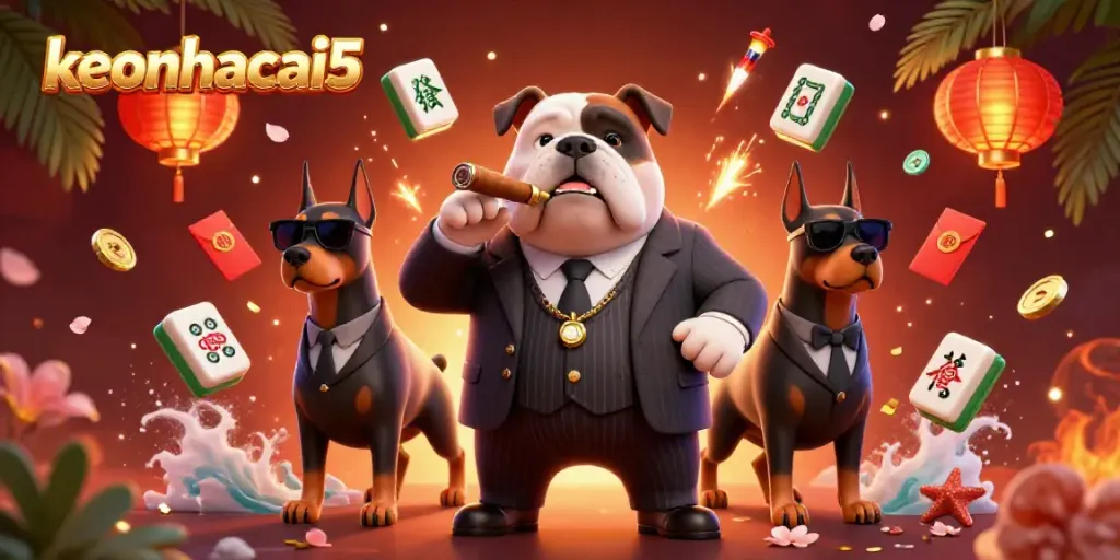 Experience the vibrant energy of keonhacai5 with cartoon mafia characters amidst floating mahjong elements.