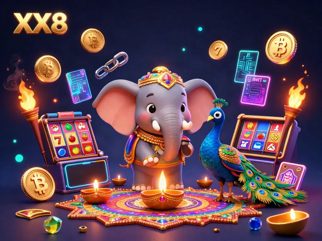 Experience the vibrant XX8 casino scene with a charismatic elephant and peacock, enhancing gaming excitement.
