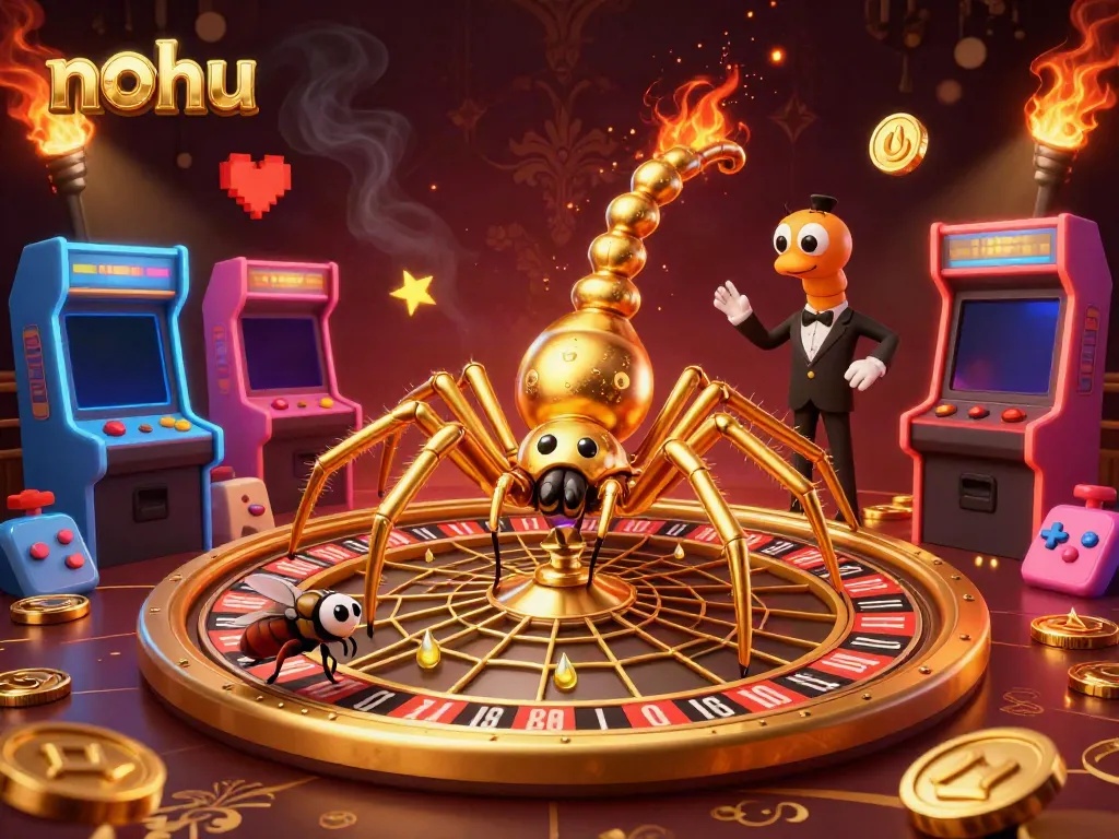Nohu themed gaming scene with a golden spider and centipede in a vibrant, rich casino environment