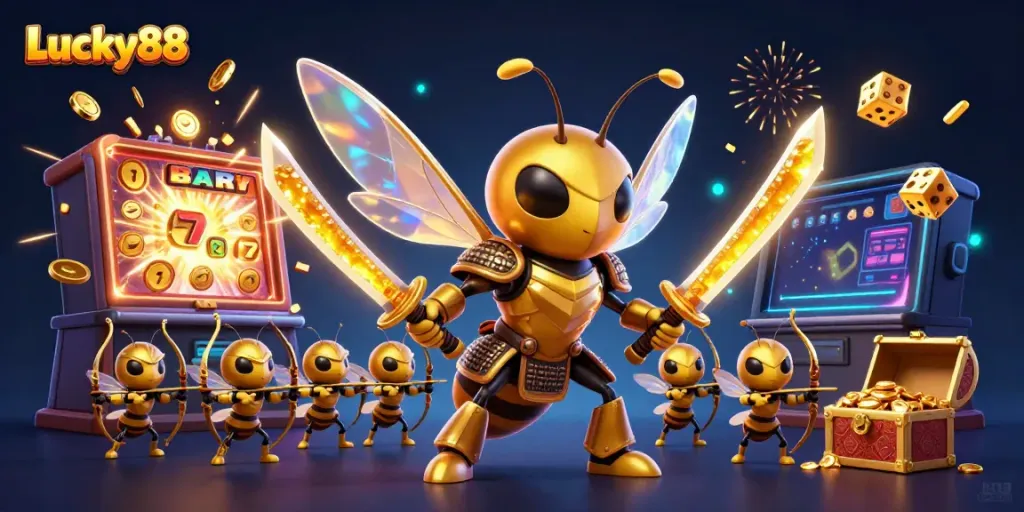 Engage with Lucky88's thrilling slot journey featuring a golden hornet and bee archers amid a jackpot explosion.