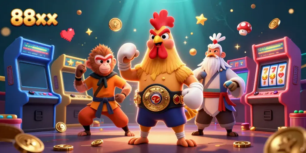 Experience the excitement of 88xx with dynamic casino characters amid colorful gaming elements.