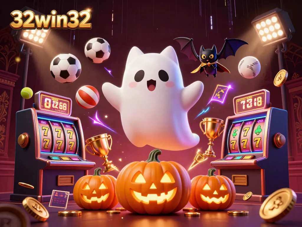 Floating ghost cat and bat in a haunted casino scene, featuring 32win32 slot games and sports elements.