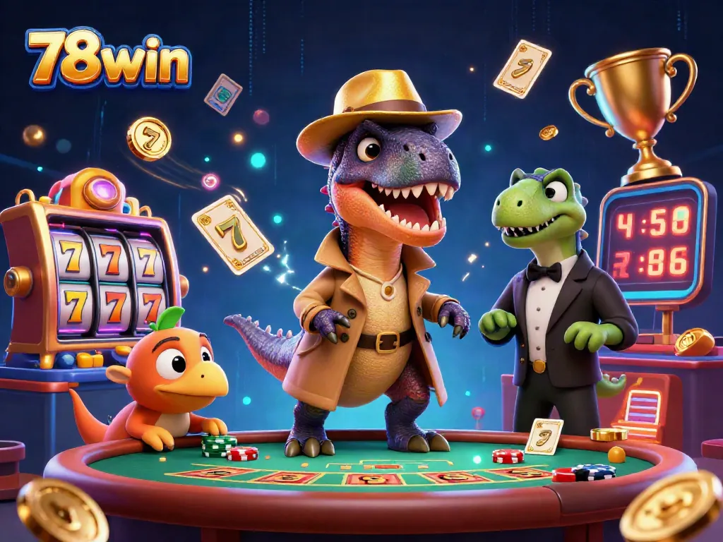 78win casino scene featuring a velociraptor card counter at a blackjack table with dynamic slots.