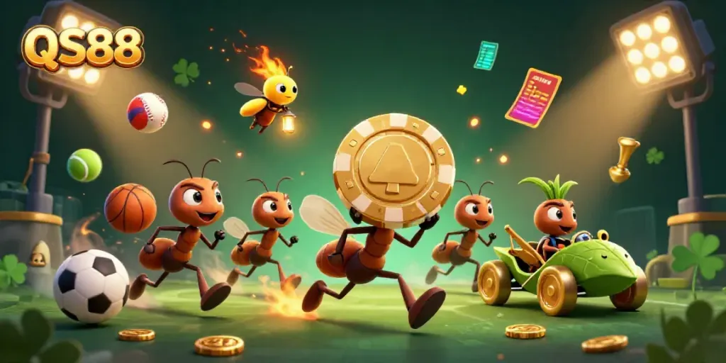 Experience the excitement of casino gaming at QS88 with a lively scene of cartoon ants on a heist.
