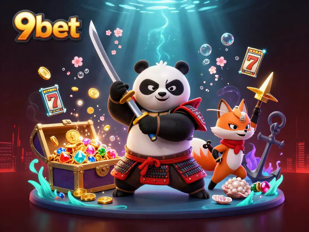 Experience 9bet's thrilling online casino with a dynamic samurai panda scene full of slot elements.