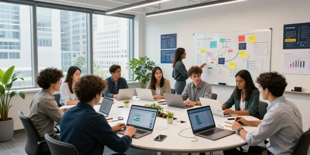 Collaboration in a modern workspace illustrating ISTANA404's focus on business and technology.