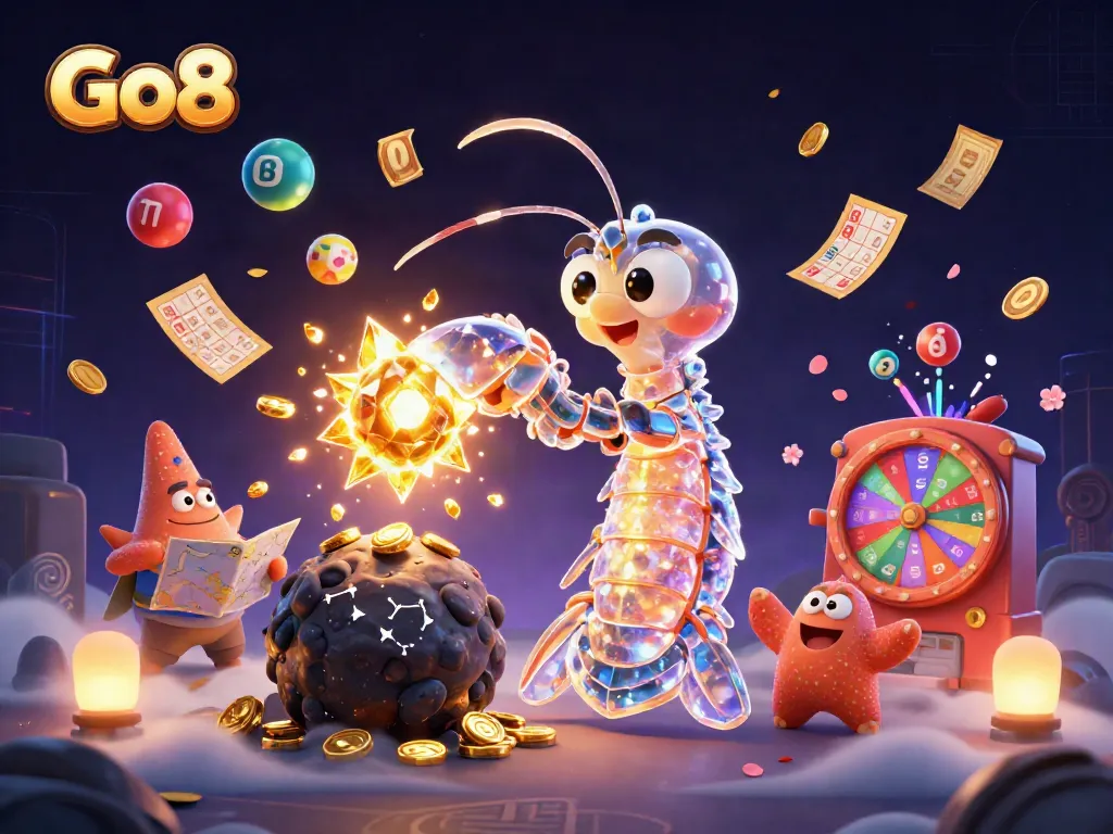 Engage with Go8's thrilling lottery experience featuring vibrant dynamic elements and characters.