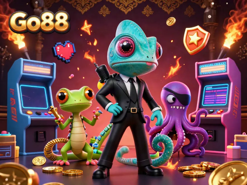 Engage with Go88's exciting gaming atmosphere featuring a secret agent chameleon and fun game elements.