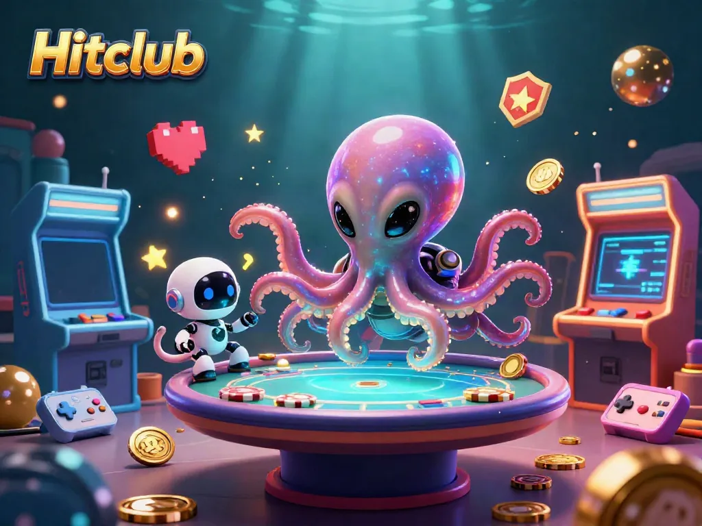 Exciting scene of Hitclub with an alien octopus at a holographic poker table surrounded by casino elements.