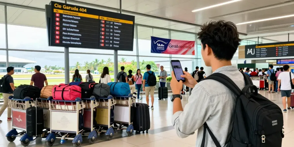 Traveler checking flight status for garuda 404 at Bali's airport, capturing the excitement of travel.