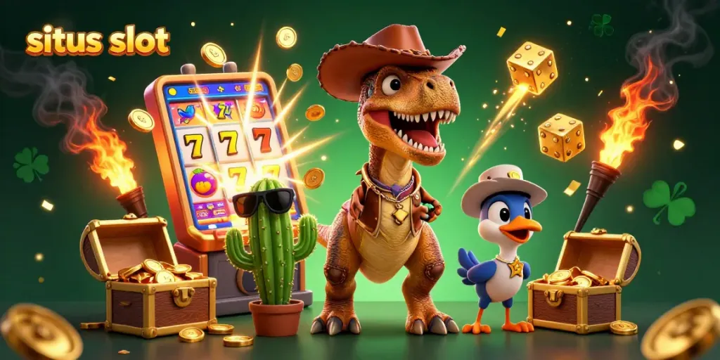 Engage with situs slot in action-packed 3D illustration featuring a T-Rex and vibrant casino elements.