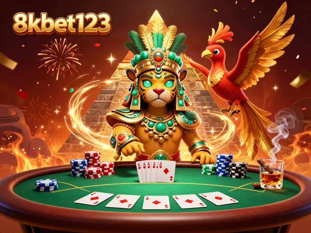 Experience the excitement of 8xbet123 with a vibrant casino scene featuring a Mayan priest and a quetzal bird.