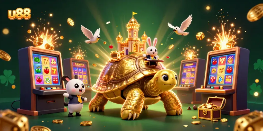 A whimsical depiction of a gigantic golden tortoise casino scene, featuring the u88 brand, rabbit dealer, and dynamic game elements.