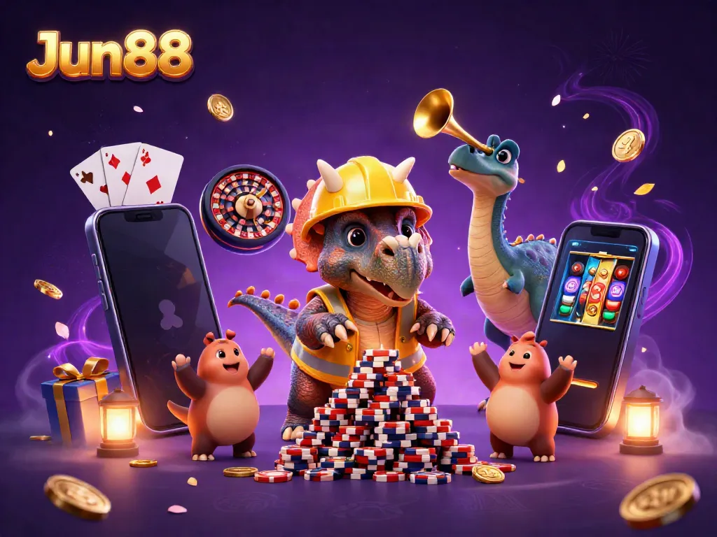 Experience the excitement of Jun88 with vibrant casino elements and playful characters celebrating wins.