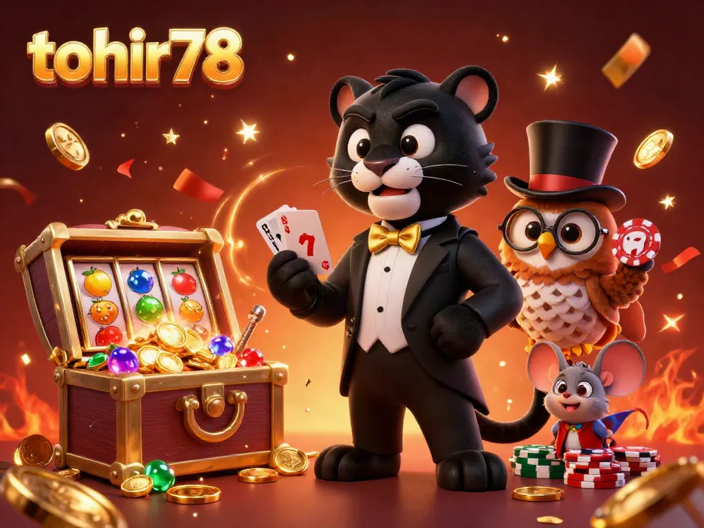 Engage with tohir78 at the casino with stylish characters and vibrant slot machine elements.
