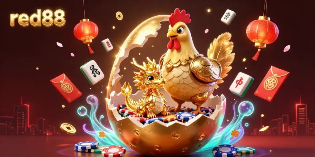 Experience the thrill of red88 with a golden dragon and poker chips in vibrant, festive casino fantasy.