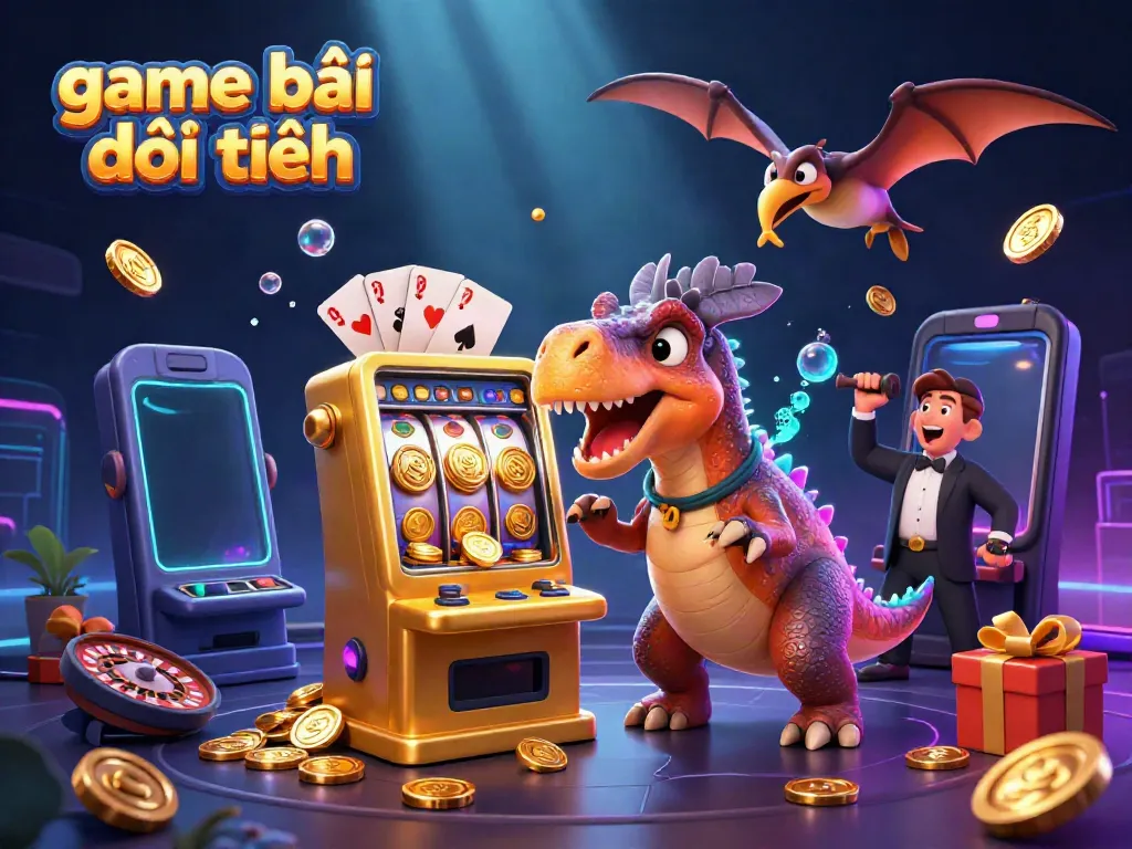 Experience thrilling game bài đổi thưởng as a cartoon dinosaur interacts with slot machines and flying coins in a vibrant casino scene.