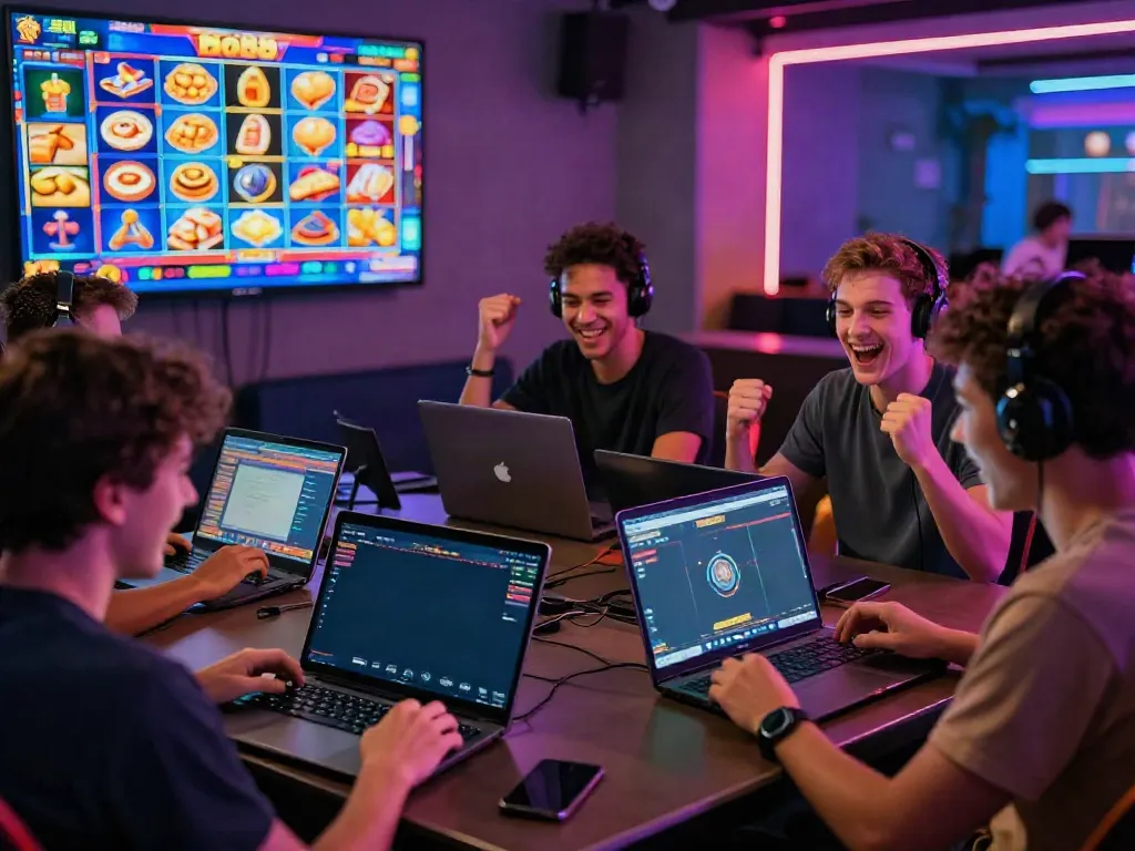 Exciting players enjoying slot88 games on smartphones and laptops.