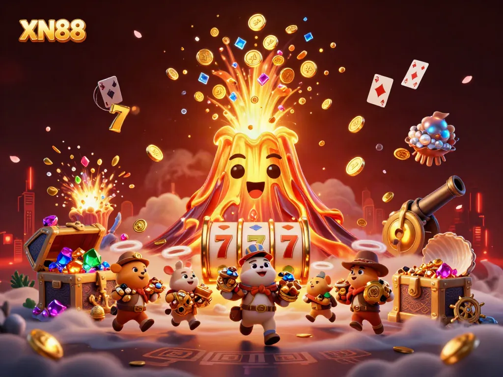 Experience the excitement of XN88 with a dynamic scene of a golden volcano erupting with treasure and slot game elements.
