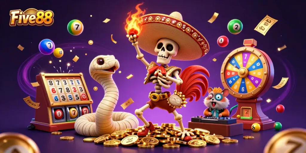 Experience the excitement of Five88 with a vibrant victory dance scene featuring a mariachi rooster, mummy snake, and DJ hamster.