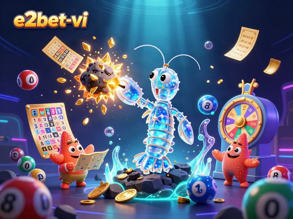 Engage in exhilarating gameplay at e2bet-vi with a vibrant casino-themed digital illustration showcasing exciting lottery and gaming elements.