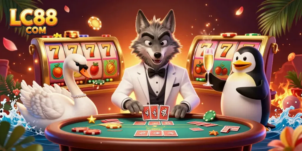 Engage in thrilling gameplay at LC88 COM with a vibrant casino scene featuring lively characters and slot machines.