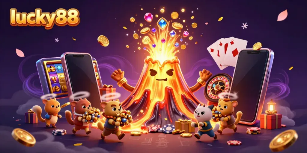 Experience the thrill of lucky88 with a 3D volcano erupting treasures and animated casino elements.