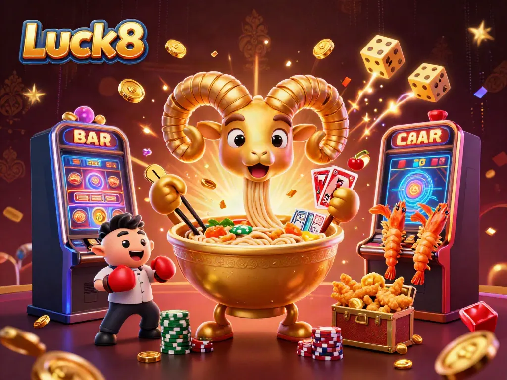 Luck8 captivates with a vibrant scene of a golden ramen bowl dealer stacking chips and cards.