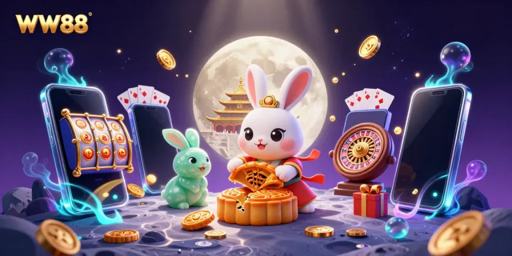 Experience WW88's vibrant casino atmosphere with a moon rabbit revealing poker chips in a dynamic 3D illustration.