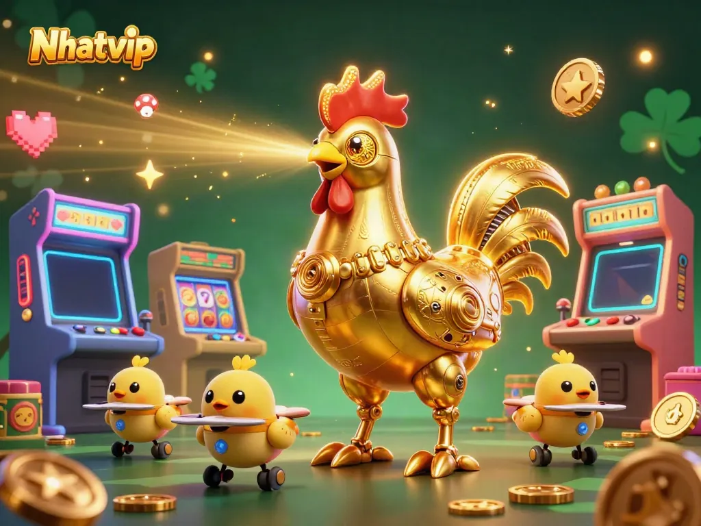 Nhatvip showcases thrilling gaming elements with a golden rooster robot leading a vibrant casino scene.