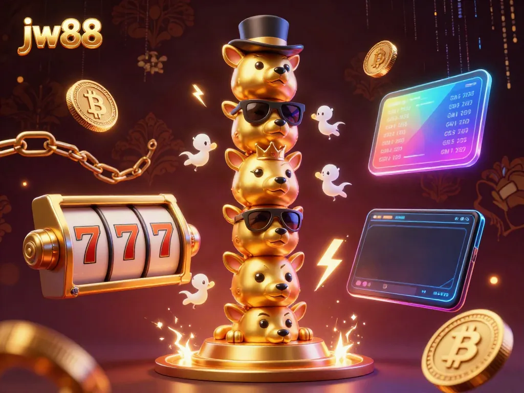 Experience the thrill of jw88 with vibrant casino-themed 3D illustration showcasing a golden totem and slots.