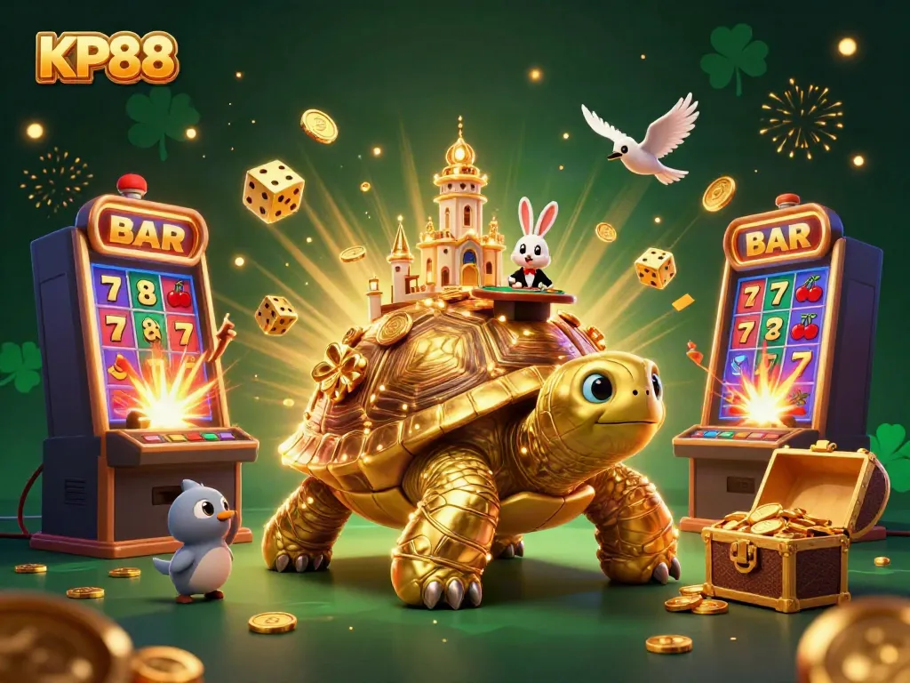 KP88's thrilling casino experience illustrated with golden tortoise and dynamic game elements.