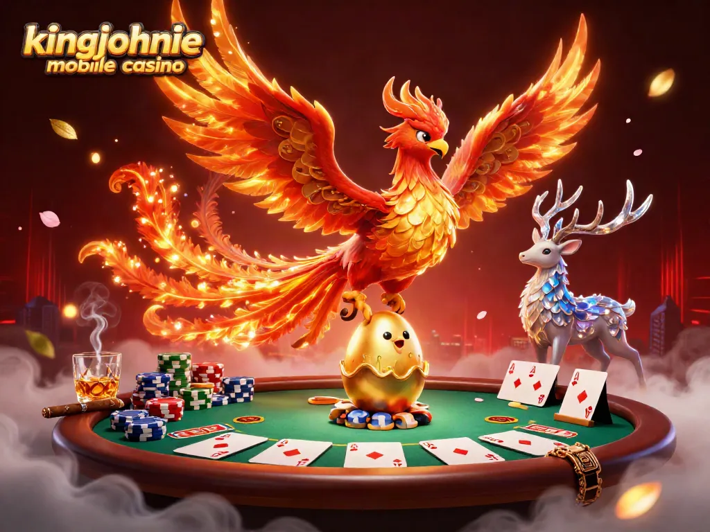 Engaging view of kingjohnnie mobile casino's dynamic gaming scene with a phoenix and fantasy elements.