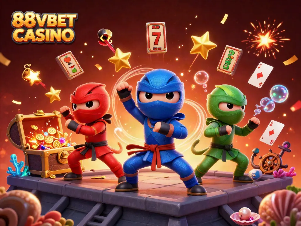 Engage with the excitement of 88VBET CASINO through a dynamic casino-themed illustration of chameleon ninjas.