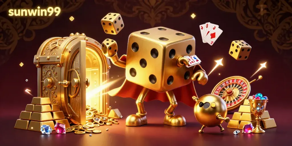 Experience the thrill of sunwin99 with a dynamic 3D illustration featuring golden dice and casino elements.