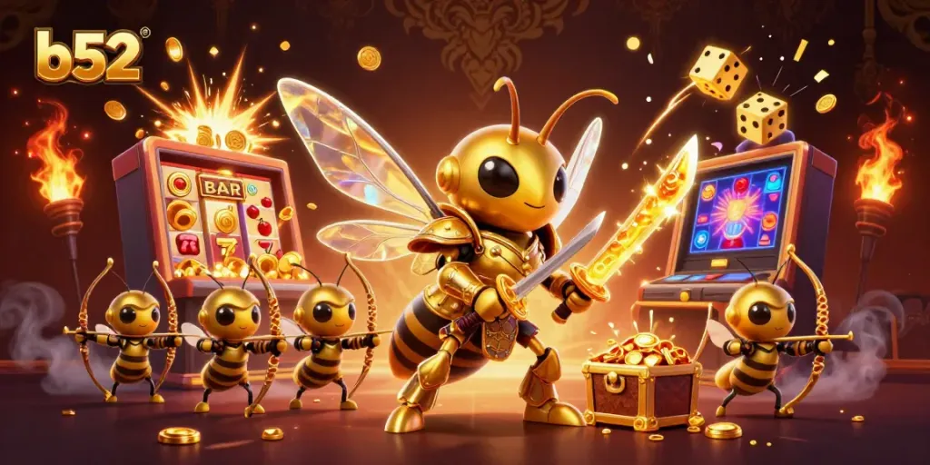 B52 themed casino illustration featuring a golden hornet samurai with slot machines and gold coins.