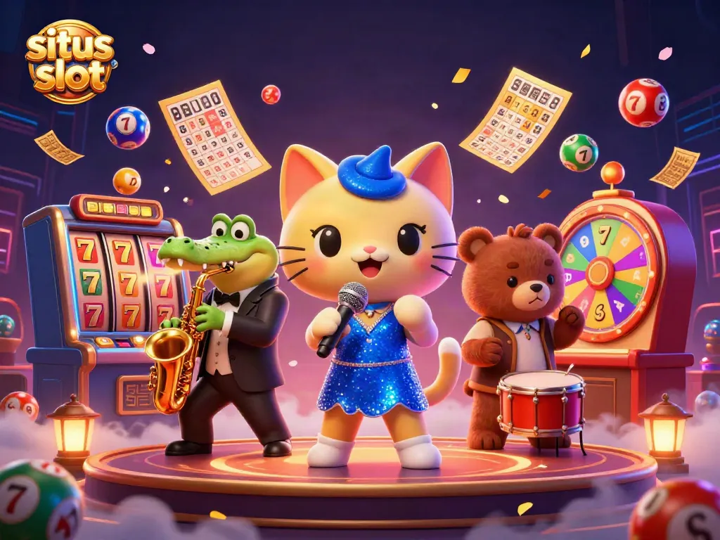 Experience vibrant situs slot gaming with a dazzling cat singer, saxophone crocodile, and drum bear in a lively casino scene.