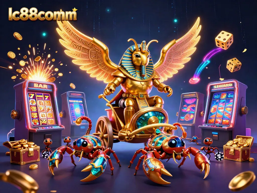 Engage in thrilling gameplay with lc88comm's dynamic 3D illustration of a golden scarab beetle and jackpot excitement.