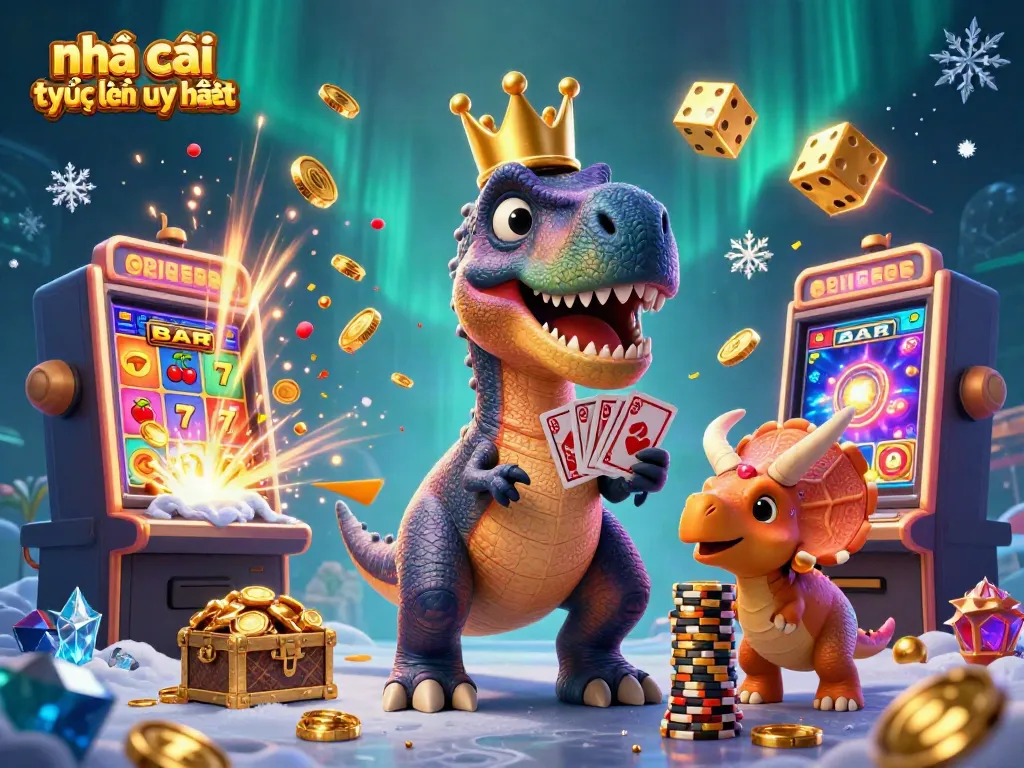 Unleash your luck at nhà cái trực tuyến uy tín with T-Rex card shuffling and golden chips stacking.