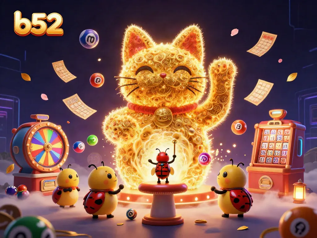 Engage with the vibrant world of B52 casino gaming, featuring a lucky cat, colorful lottery balls, and a dynamic prize atmosphere.