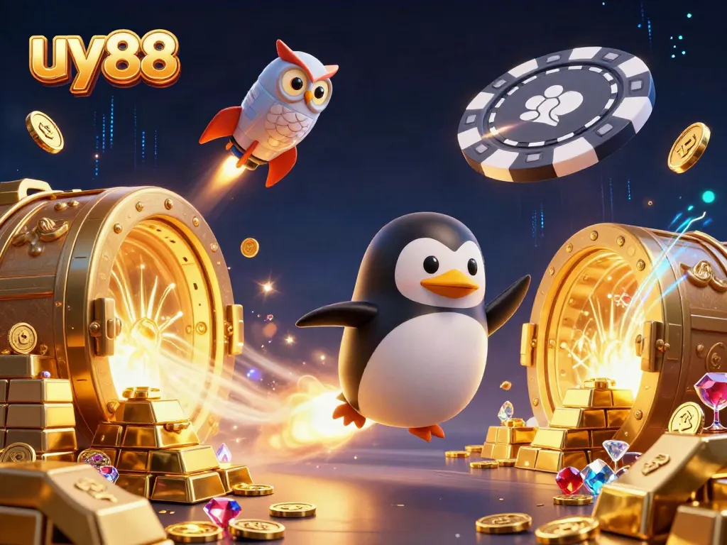 Spin the reels at uy88, featuring a lively scene with a rocket penguin, treasures, and casino elements.
