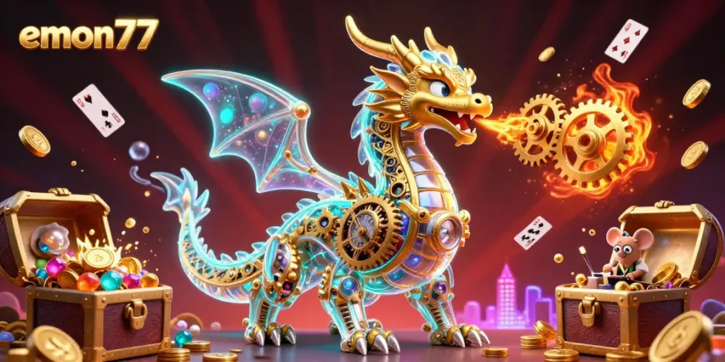 Experience thrilling adventures with emon77, illustrated with a golden dragon and vibrant casino elements.
