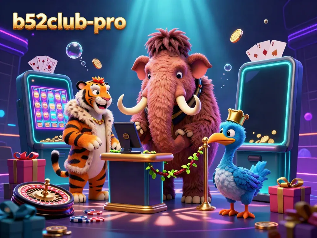 The vibrant scene at b52club-pro showcases a woolly mammoth bouncer checking IDs, surrounded by exciting casino games.