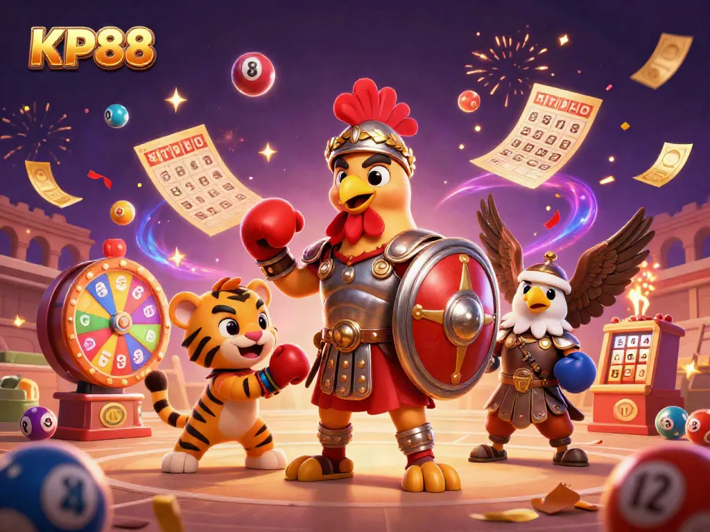 Engage in exciting gameplay at KP88 with a vibrant 3D illustration showcasing lottery elements and animated characters.