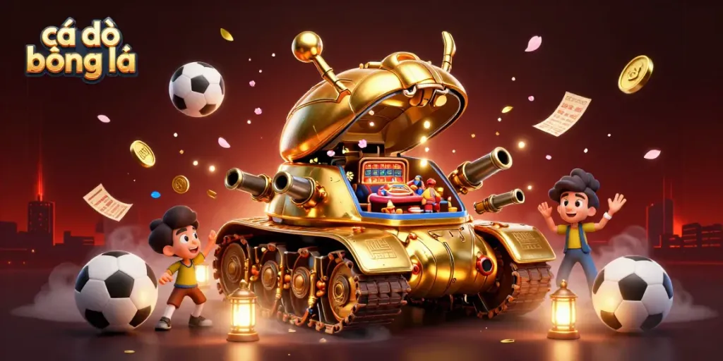 Experience cá độ bóng đá excitement with a golden beetle tank revealing a mini casino scene!