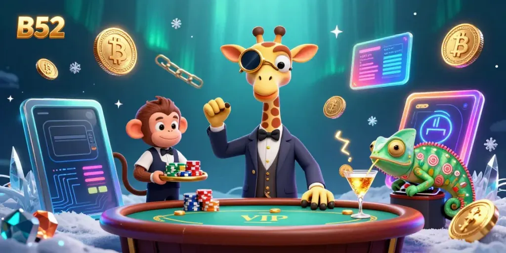 Engage in thrilling gaming excitement at B52, featuring vibrant characters and dynamic casino elements.
