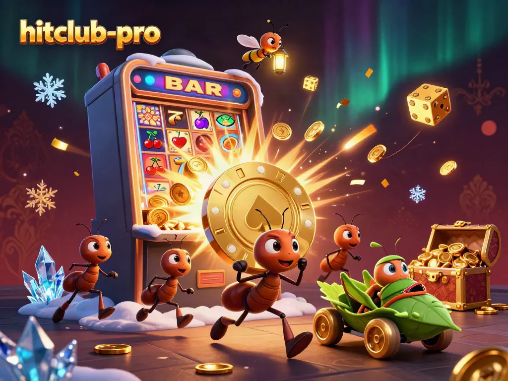 Engage with the enchanting hitclub-pro scene of animated ants heisting a giant poker chip amid casino action.